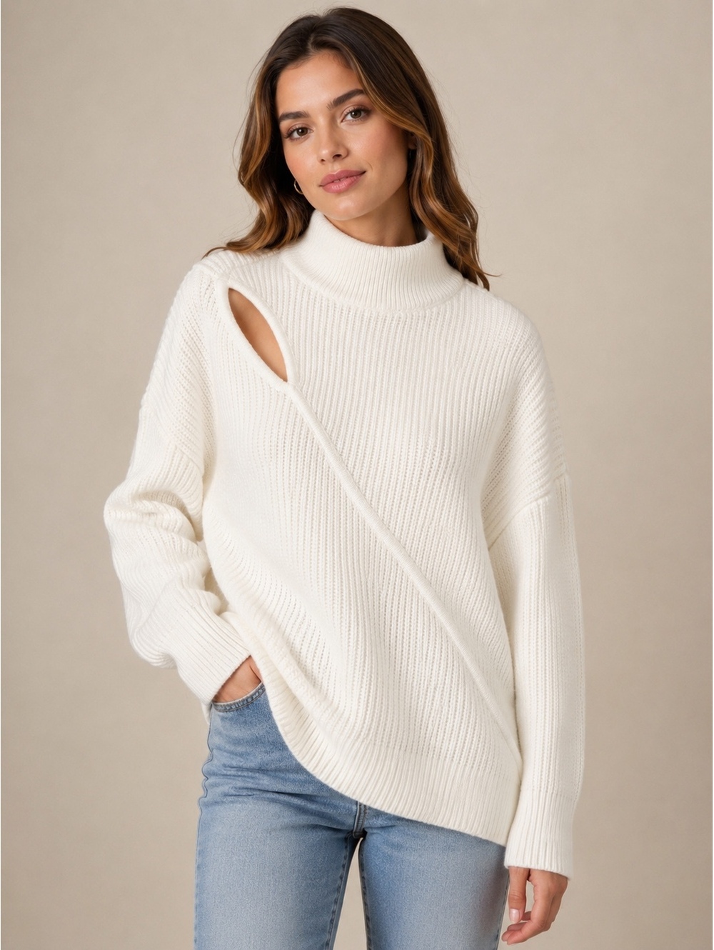 INC International Concepts White Cutout Detail Ribbed Sweater Size L. 0085